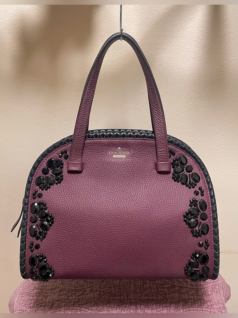 Kate Spade Anderson Way Reiley Embellished Leather Dome Satchel Bag Plum Berry - Picture 3 of 8